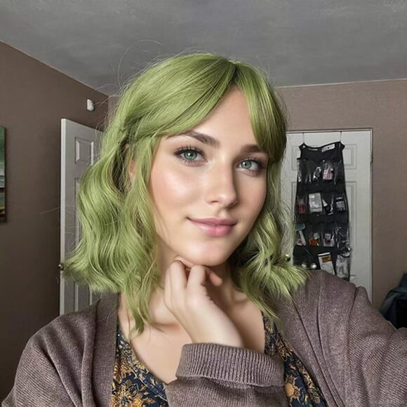 Women's Short Matcha Wigs Curly Wavy Shoulder Length Pastel Bob - Picture 2 of 3